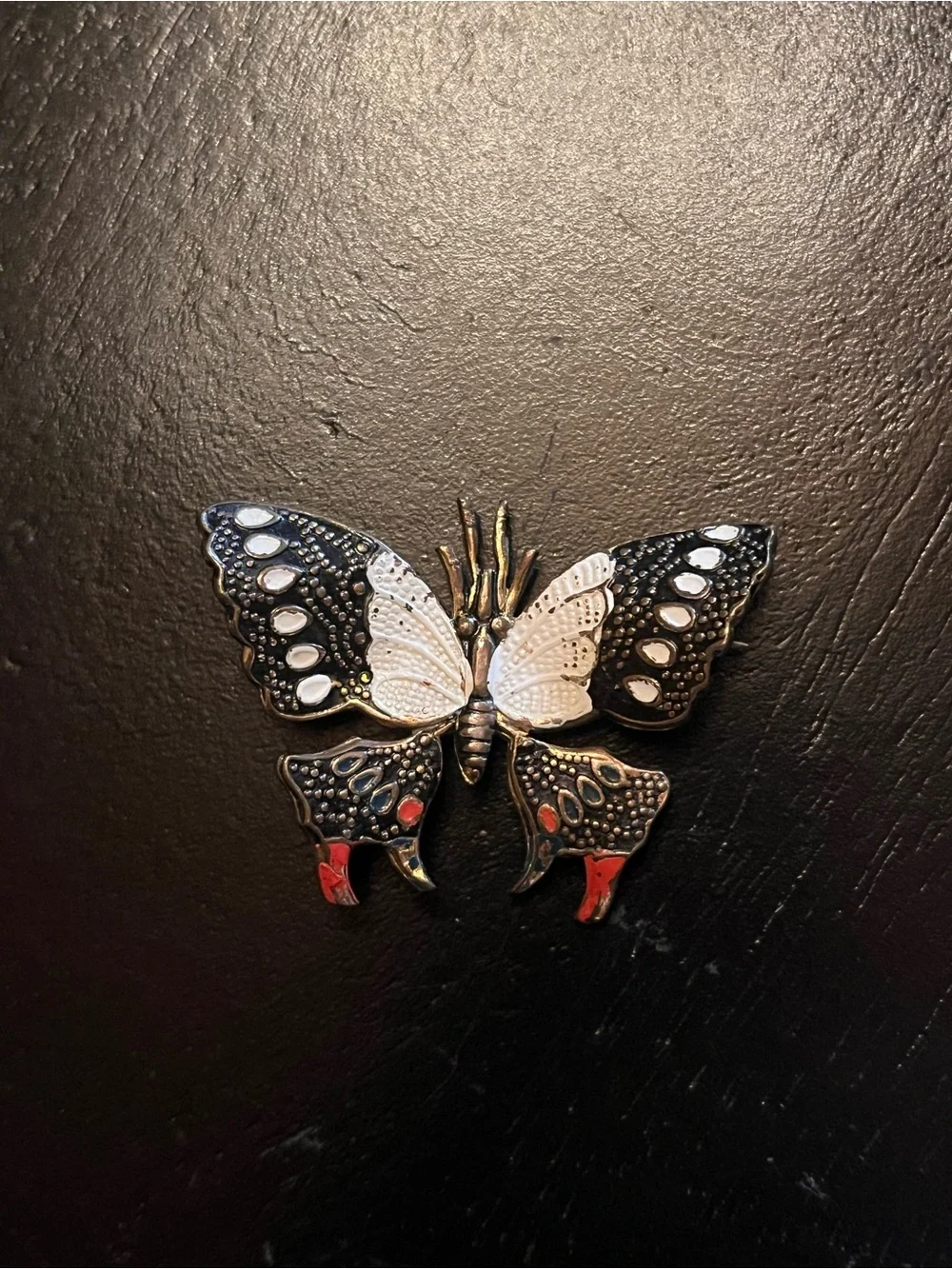 Vintage Damascene Butterfly Enamel Brooch in Black, White & Red